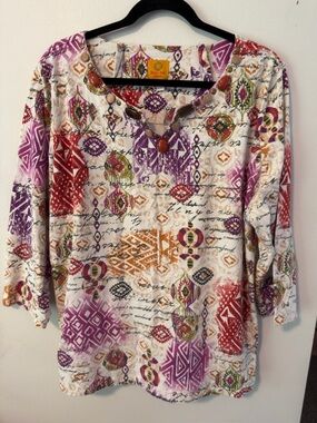 Ruby Rd. Woman Embellished Tribal Print Top 3X Multicolor